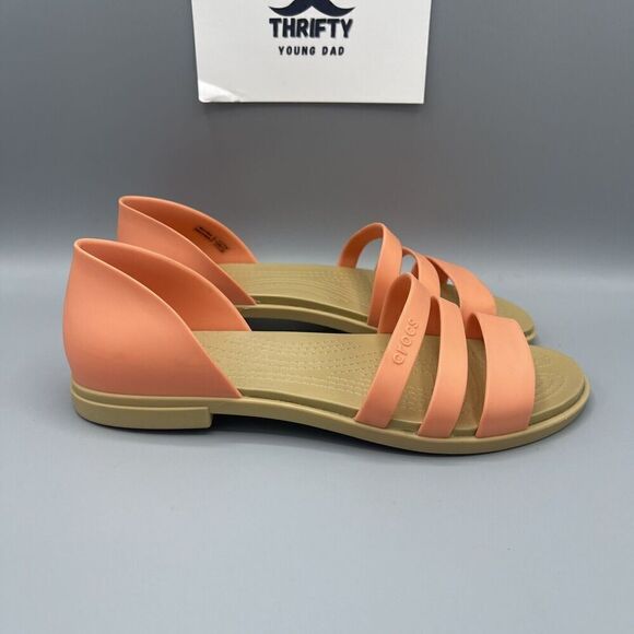 Crocs Tulum Open FlatSandals Size 7 Strappy Cream Orange Iconic Comfort Strappy - Picture 1 of 9